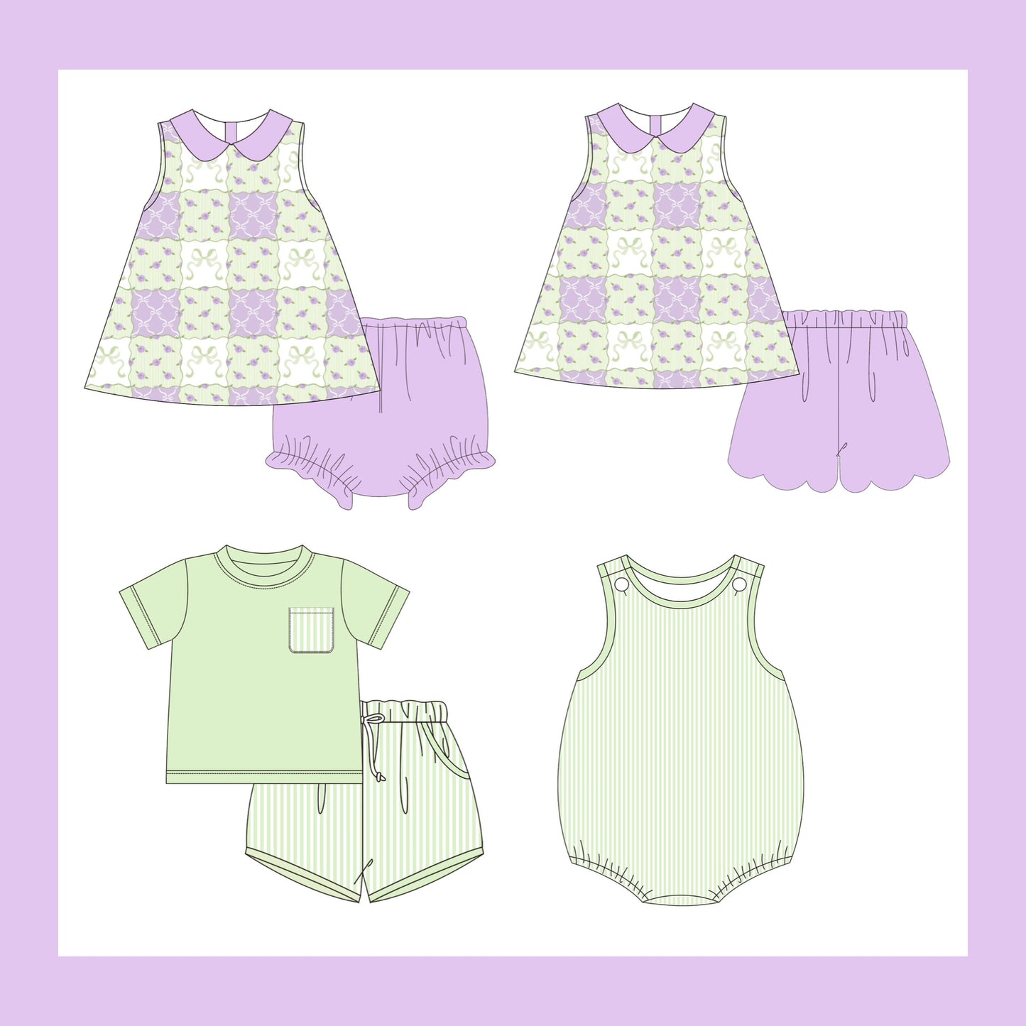Pastel Green & Purple Patchwork Sibling Sets - ETA: Late June / Early July