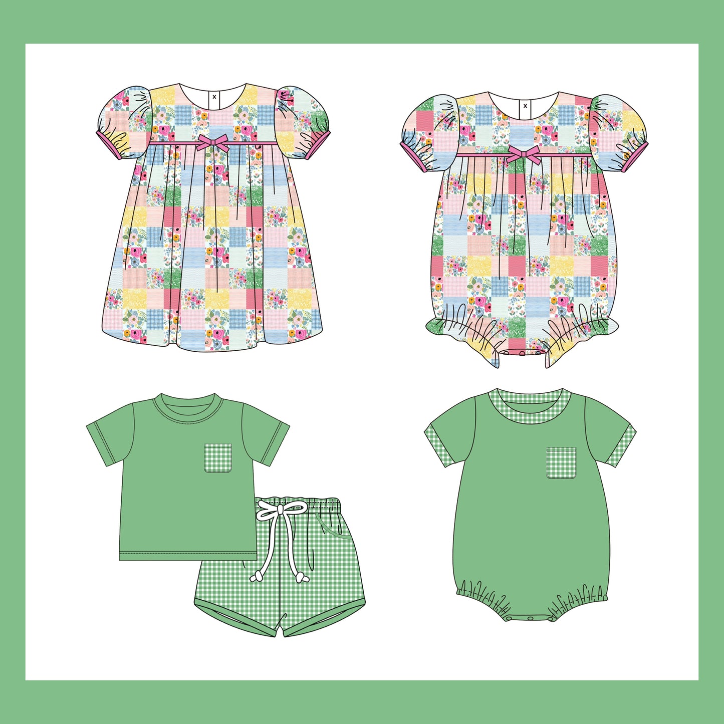 Green Patchwork Sibling Sets - ETA Late June / Early July