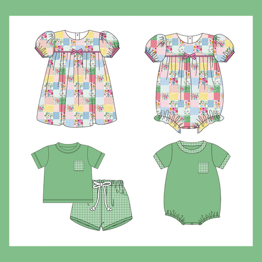Green Patchwork Sibling Sets - ETA Late June / Early July